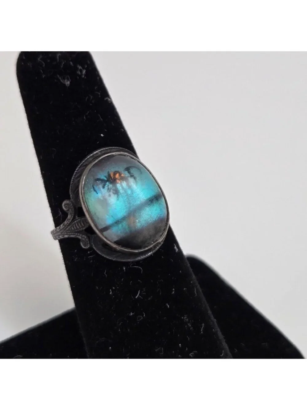 Vintage Art Deco Hoffman Blue Morpho Butterfly Wing Sterling Ring Size 6